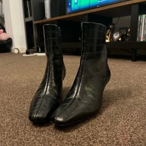 Primark Black Croc-Embossed Pointed Toe Ankle Booties